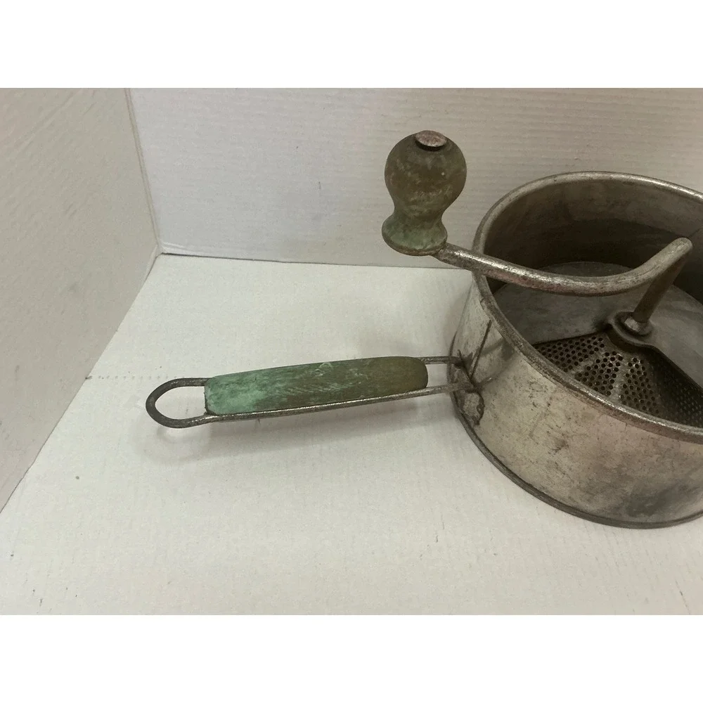 Foley Vintage Food Mill Hand Crank Green Wood Handle Kitchen Tool Farmhouse Deco